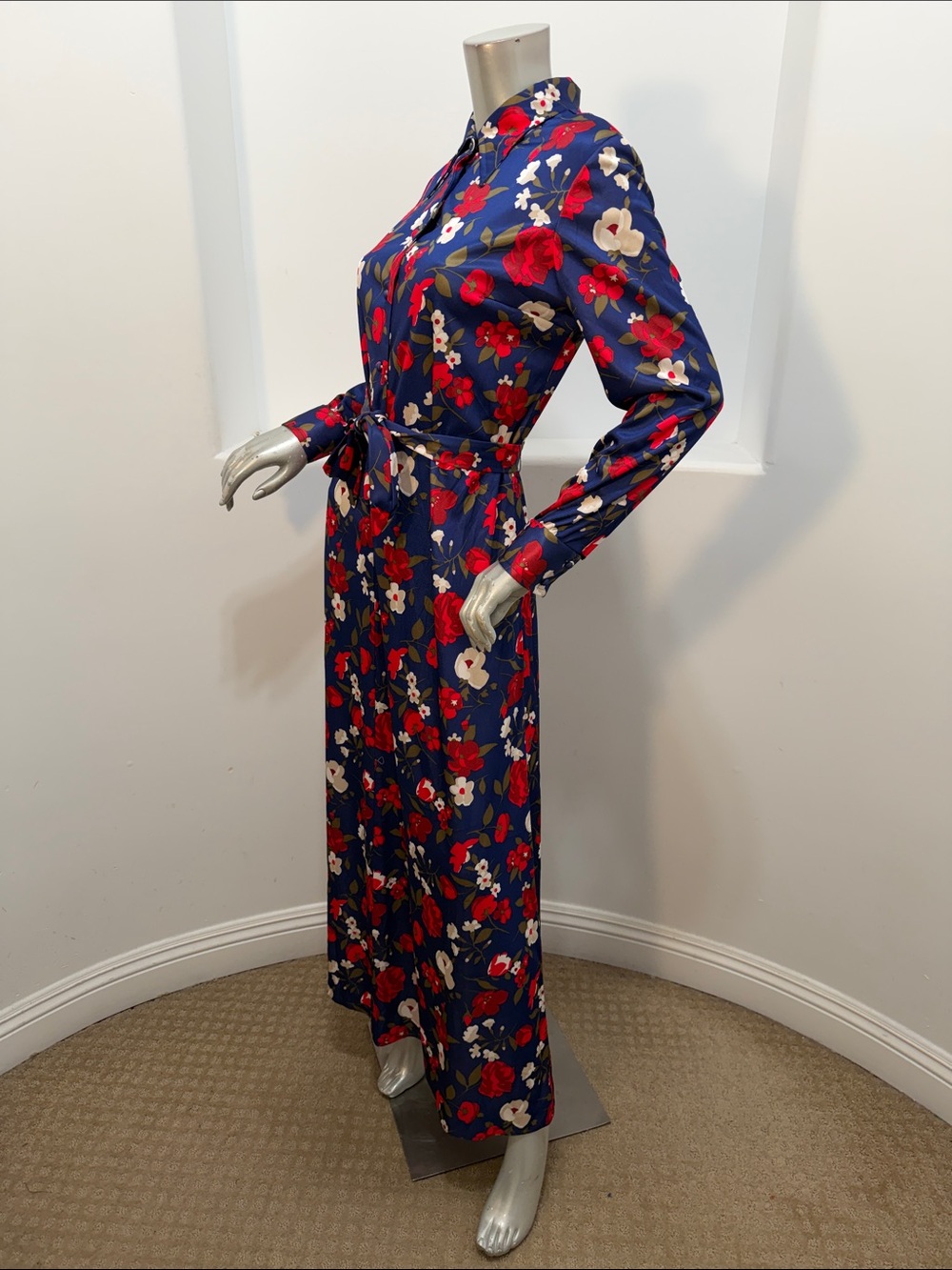 Vintage 70s Emilio Borghese Floral Navy Long-Sleeve Shirt Maxi Dress Size Sz 14 - Picture 6 of 7